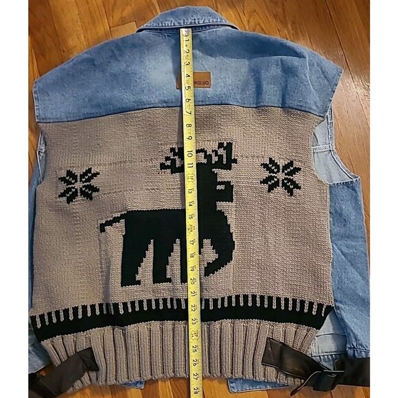 iASK Fashion Denim Vest Oversized Sleeveless Distressed Knit Back Deer Korean - Picture 12 of 14